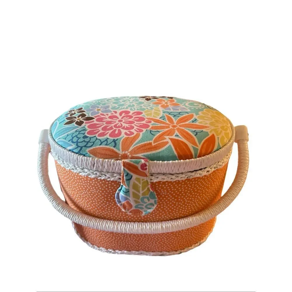 NEW St. Jane Collection Orange Polka Dot Base Floral Lid Footed Sewing Basket